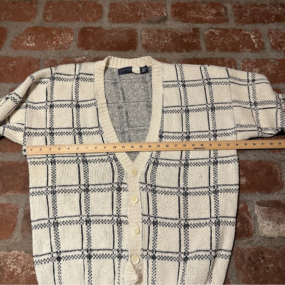 Vintage 1990s Crossings Knit Cream & Black Grid Pattern Cardigan Sweater USA - Picture 8 of 14
